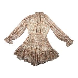 FATE Paisley Ruffle Mini Dress Women's M Long Sleeve Smocked High Neck Boho
